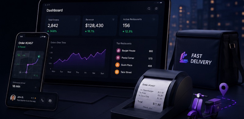 Delivery Platform — dashboard, courier app and POS printer