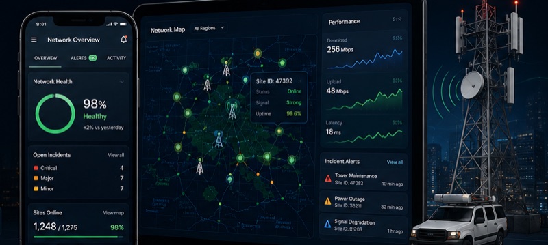 Telecom Operations — network monitoring map, field app and cell tower