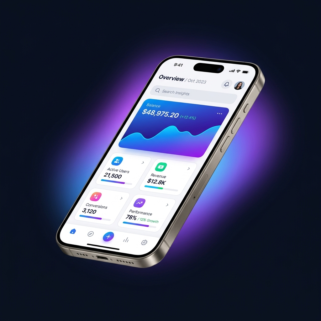 Premium mobile app UI on an iPhone