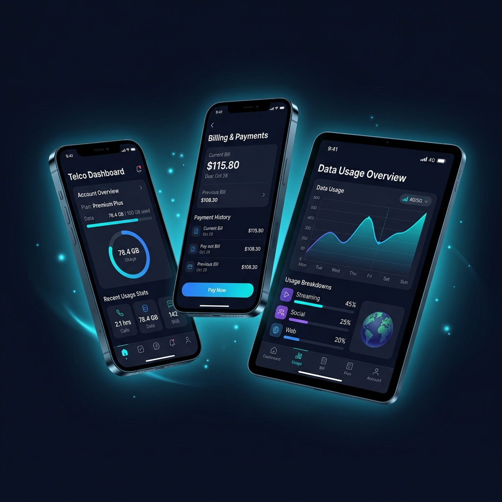 Telecommunications Dashboard — mobile app screens